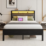 VECOCHO Full Size Bed Frame with LED Lights, Upholstered Headboard with Storage Shelves&Charging Station, Heavy Duty LED Bed Frame Full Mattress Foundation No Box Spring Needed, Noise Free,Grey VECOCHO