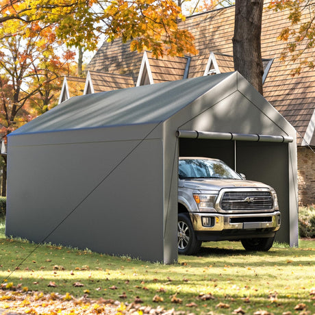 Carport, 10x20ft Heavy Duty Car Port, Portable Garage with Removable Sidewalls & Doors, Car Canopy with All-Season Tarp for Car Boat Truck Party (S-Grey) TANGJEAMER