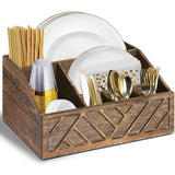 Paper Plate Dispenser, Paper Plate Holder for Kitchen Counter, Wood Rustic Silverware Utensil Caddy, Cutlery Flatware Organizer Box for Cups Spoons Forks Plates Napkins, Kitchen Accessories (Brown) Ukonvi