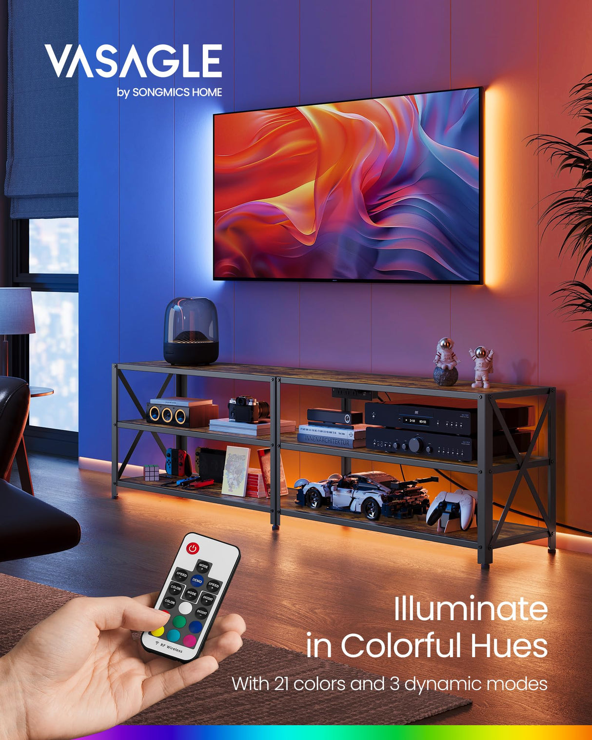 VASAGLE TV Stand with Power Outlets and LED Lights, for TVs up to 75 Inches, Entertainment Center with Open Storage Shelves, TV Console Table for Living Room, Rustic Brown and Ink Black ULTV119K01 VASAGLE