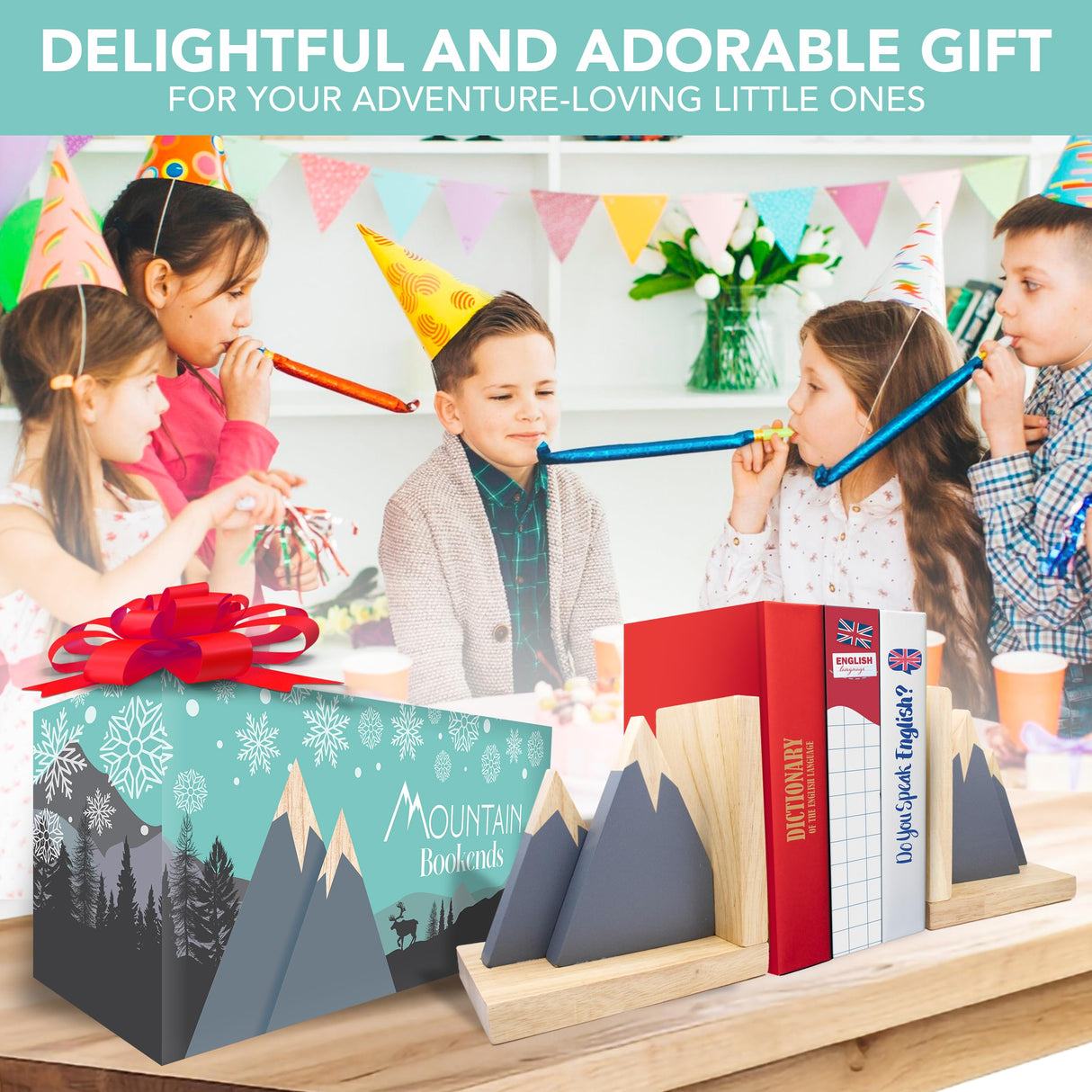 Decorably Gray Mountain Book Ends for Kids - 1 Set Non-Skid Wooden Bookends for Boys, Toddler Book Ends Decorably