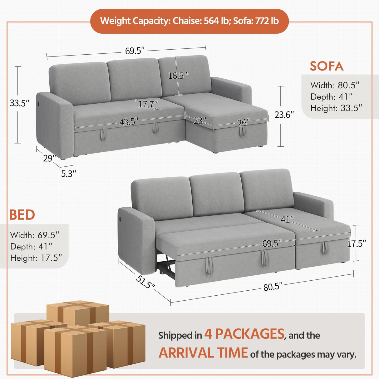 Yaheetech Sectional Sofa L-Shaped Sofa Couch Bed w/Chaise & USB, Reversible Couch Sleeper w/Pull Out Bed & Storage Space, 4-seat Fabric Convertible Sofa, Pull Out Couch Light Gray Yaheetech
