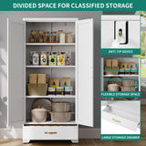 YITAHOME 62" Kitchen Pantry Cabinet, Metal Storage Cabinets with Adjustable Shelves, Farmhouse Pantry Organizer with Door and Drawer for Dining Living Room, White YITAHOME