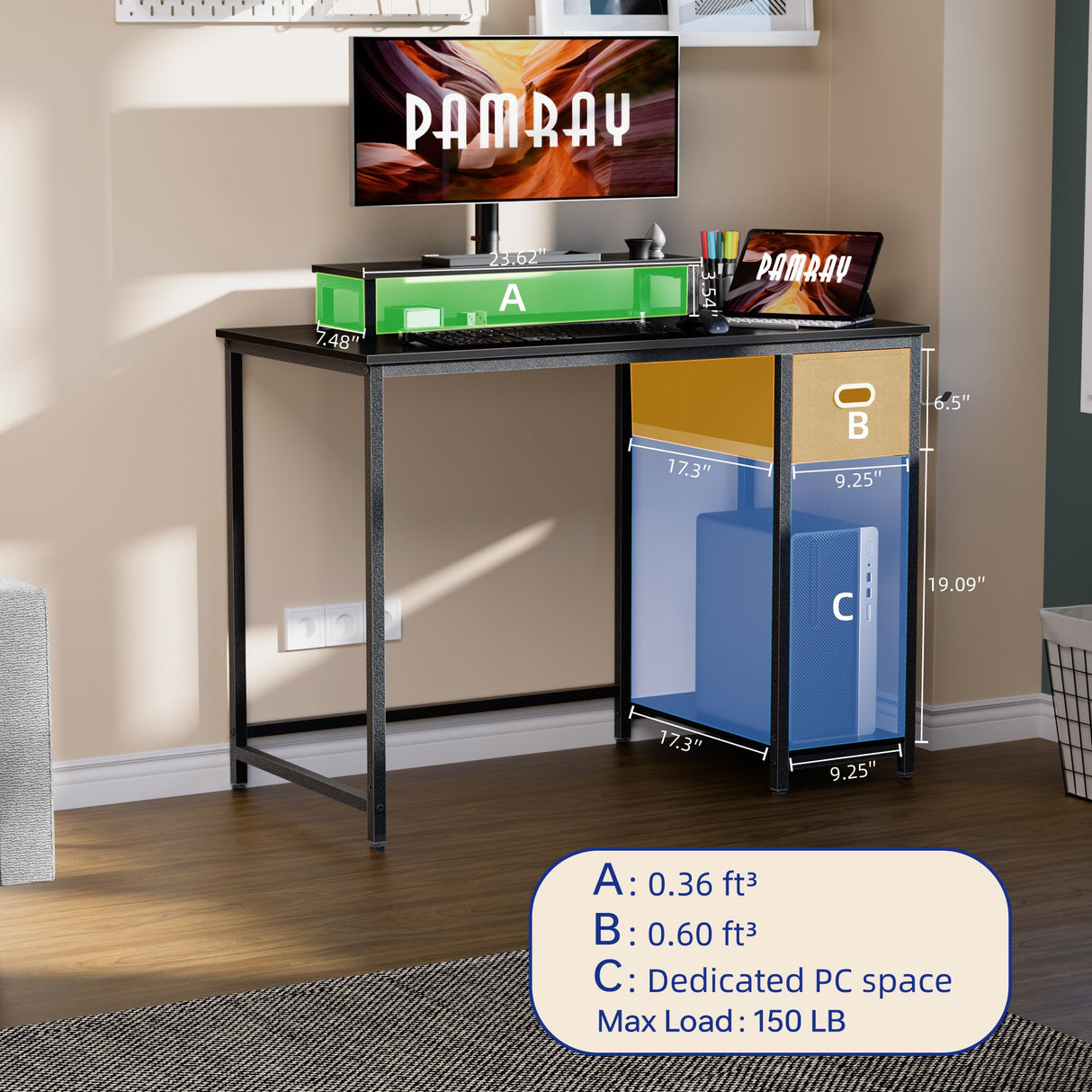 Pamray 39 Inch Computer Desk with Monitor Stand Small Home Office Desks with Non-Woven Storage Drawer for Bedroom Study Table Writing and Work Desk Black Pamray