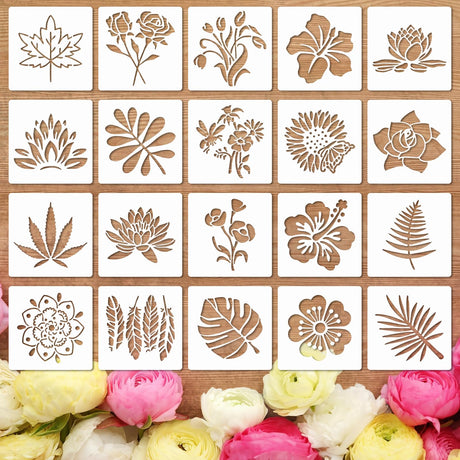 20 PCS Flower Stencils for Wood (3 Inch) - Reusable DIY Art Sunflower Stencils for Painting, Wall, Floor & Rock Decor, Perfect for Dot Painting, Craft Projects & Home Decoration Notoke
