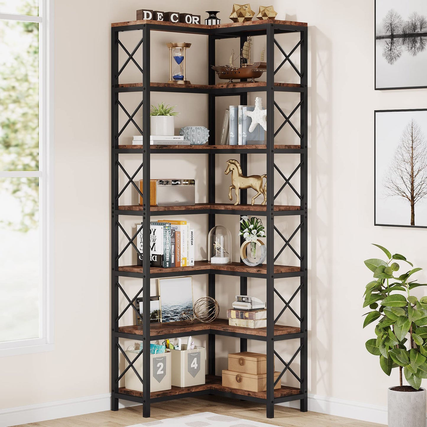 Tribesigns 7-Shelf Rustic Brown Corner Bookshelf with Metal Frame for Modern Living Spaces - WoodArtSupply