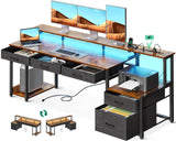 AODK 71 Inch Rustic Brown Office Desk with File Drawers, Power Outlet & LED Lighting AODK