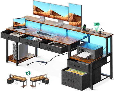 AODK 71 Inch Rustic Brown Office Desk with File Drawers, Power Outlet & LED Lighting AODK