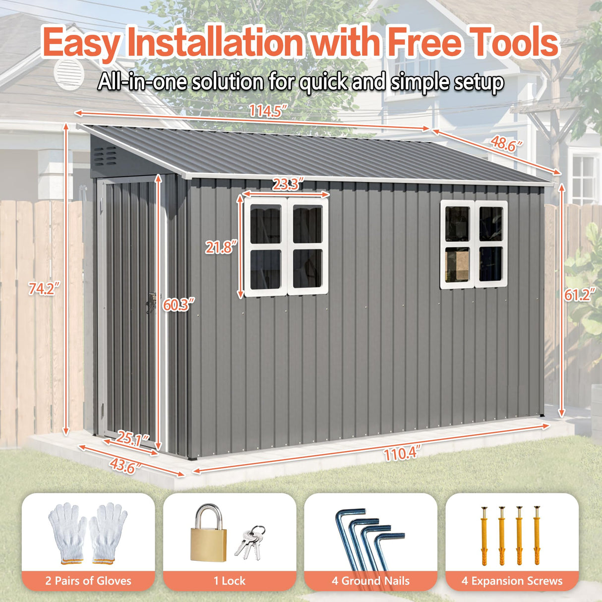4x10 Ft Outdoor Heavy-Duty Shed, Metal Lean to Shed with Floor Kit and 2 Windows for Tools, Bikes, Patio Equipment, with Left/Right Door Options LZBEITEM