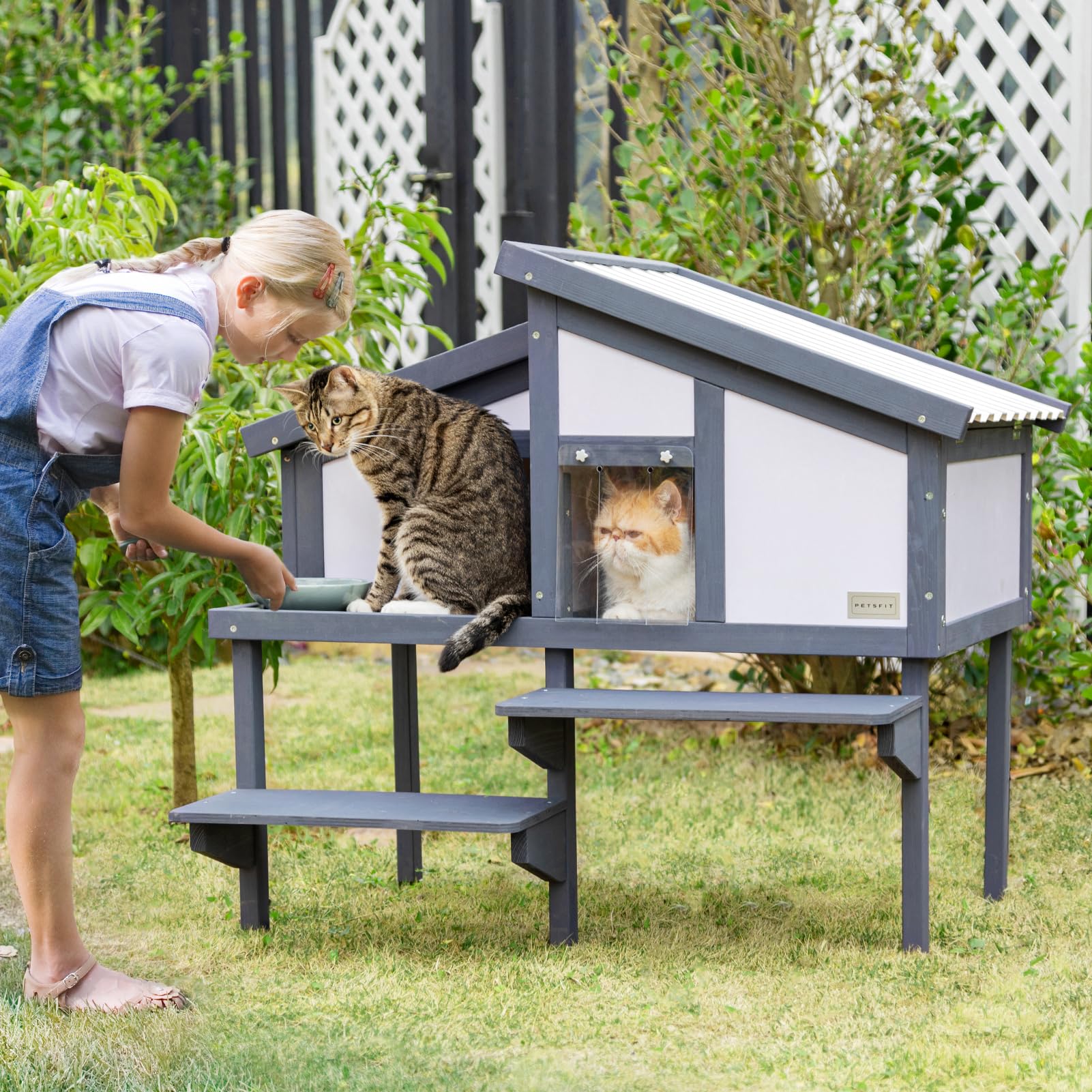 Outdoor Cat House for Multiple Cats, Insulated Feral Cat Shelter for Large Cat Enclosure Wooden Cat Condos with PVC Door Curtains - WoodArtSupply