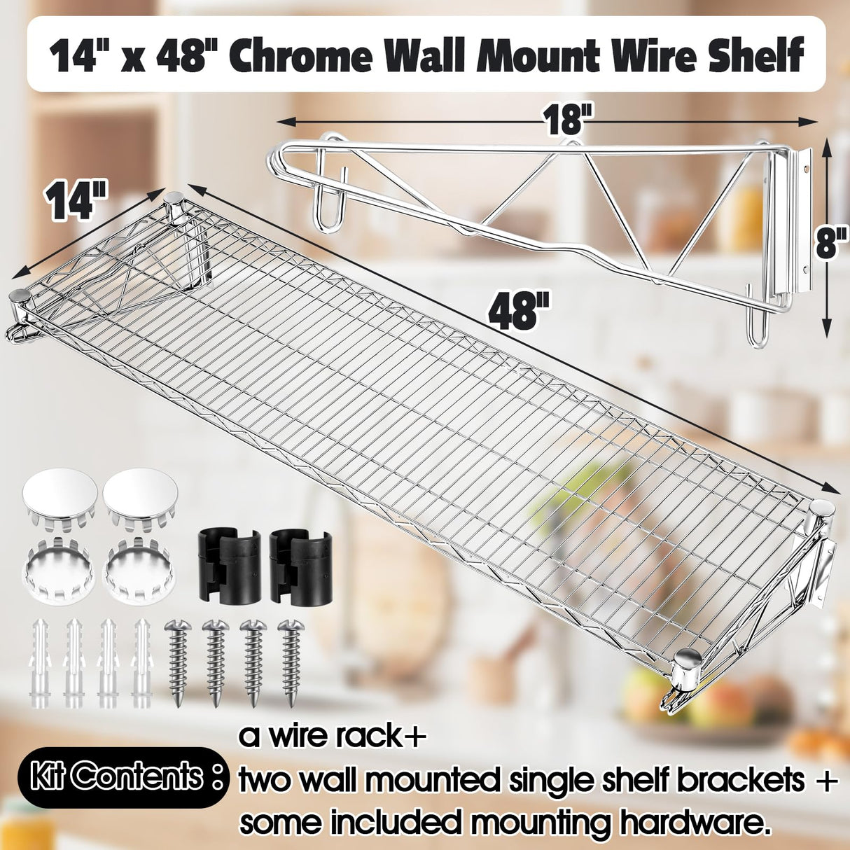 LOYIM 14" Wx 48" L Chrome Wire Wall Mount Shelf, Wall Mount Wire Shelf Kit Heavy Duty Garage Wall Shelving for Wall Storage, Holds Up to 600 Lbs LOYIM