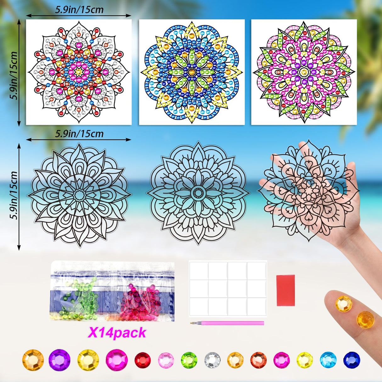 BSRESIN Diamond Art Stained Glass Window Clings with Diamond DIY Pen, 3 Pcs Mandala Window Stickers for Suncatchers, Diamond Art Kits for Adults, Diamond Art Accessories BSRESIN
