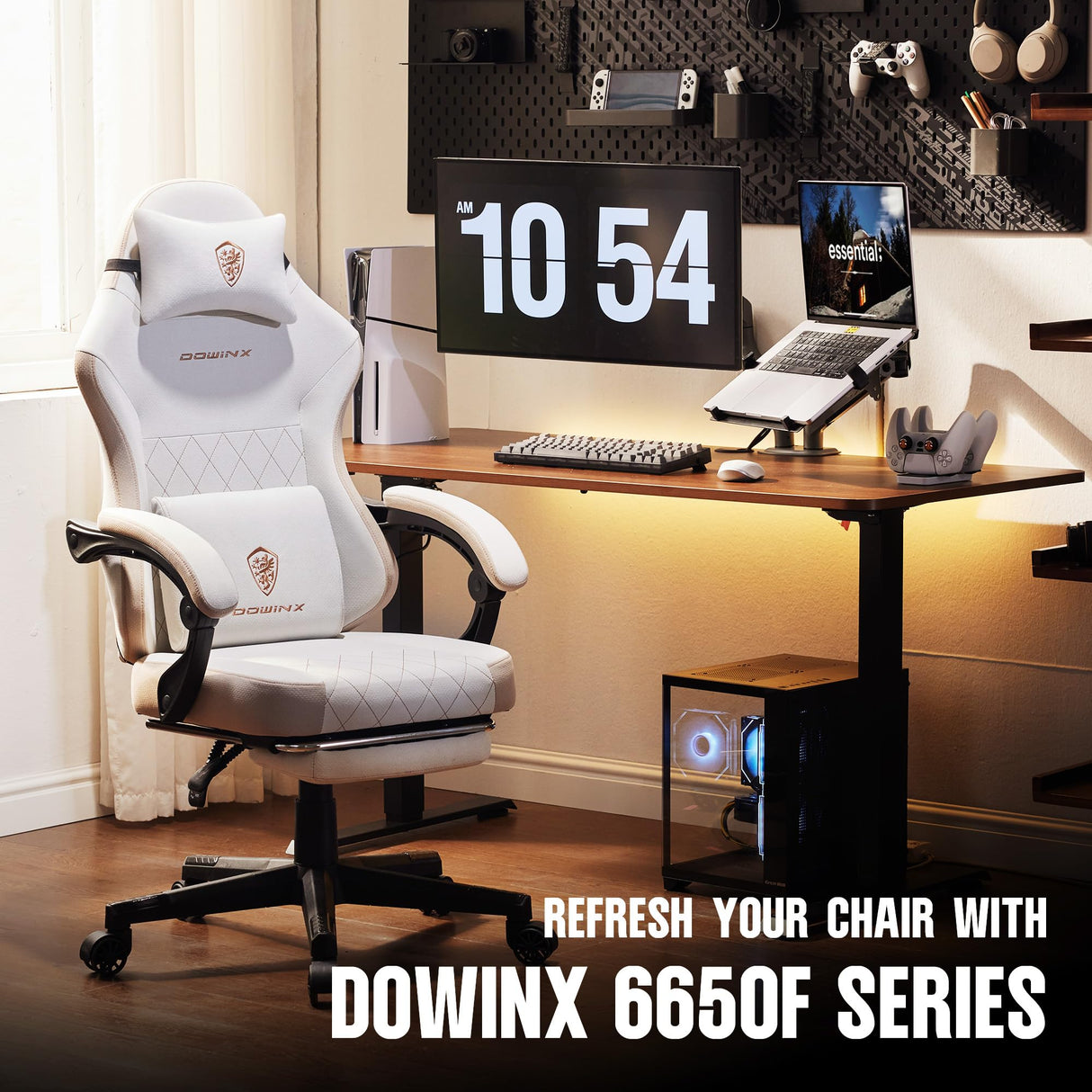 Dowinx Gaming Chair Fabric with Pocket Spring Cushion, High Back Ergonomic Computer Chair with Footrest for Adults, Massage Lumbar Support Swivel Game Chair for Office Gaming 300LBS, Beige Dowinx