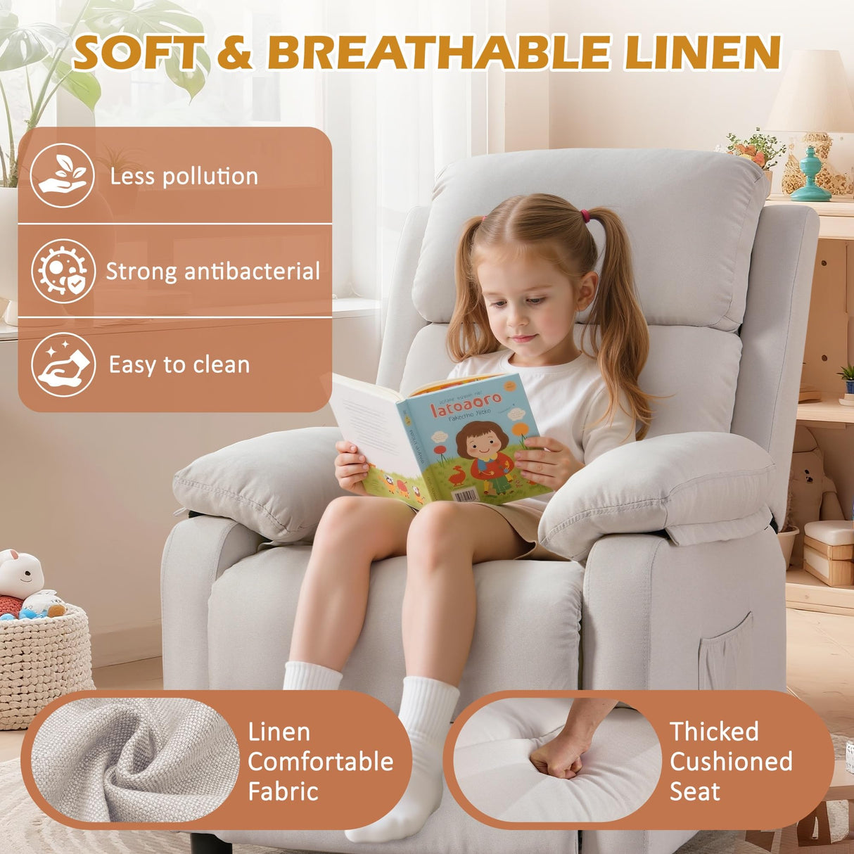 Korser Recliner Chair for Adults, Padded Deep Seat Reading Chair with Side Pockets, Small Recliners for Small Spaces, Adjustable Chair for Living Room, Bedroom, and RV (Linen) Korser