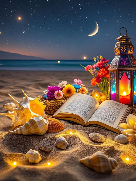 Beach Diamond Art Kits Seaside Night 5D Diamond Painting for Adult Beginners Sea Shell DIY Diamond Art Moon Book Flowers Paint with Round Diamonds for Relaxation Home Wall Decor Crafts Gift 12x16 Inch PINFFSHU