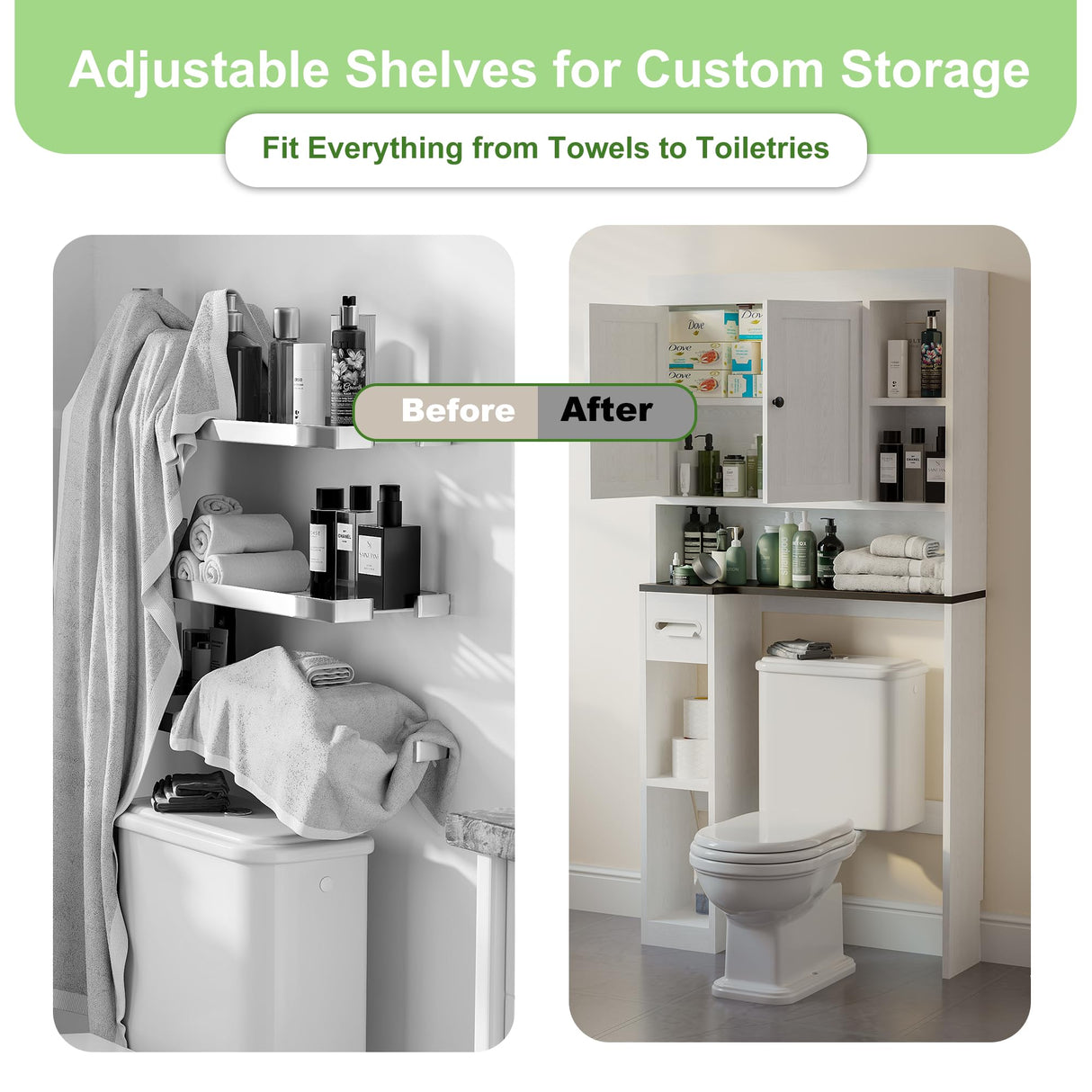 Nivisre Over The Toilet Storage Cabinet with 7 Shelves, Imitation Walnut Grain Above Toilet Bathroom Organizer with Toilet Paper Holder Stand, Space Saver for Restroom, Bathroom, Laundry (White) Nivisre