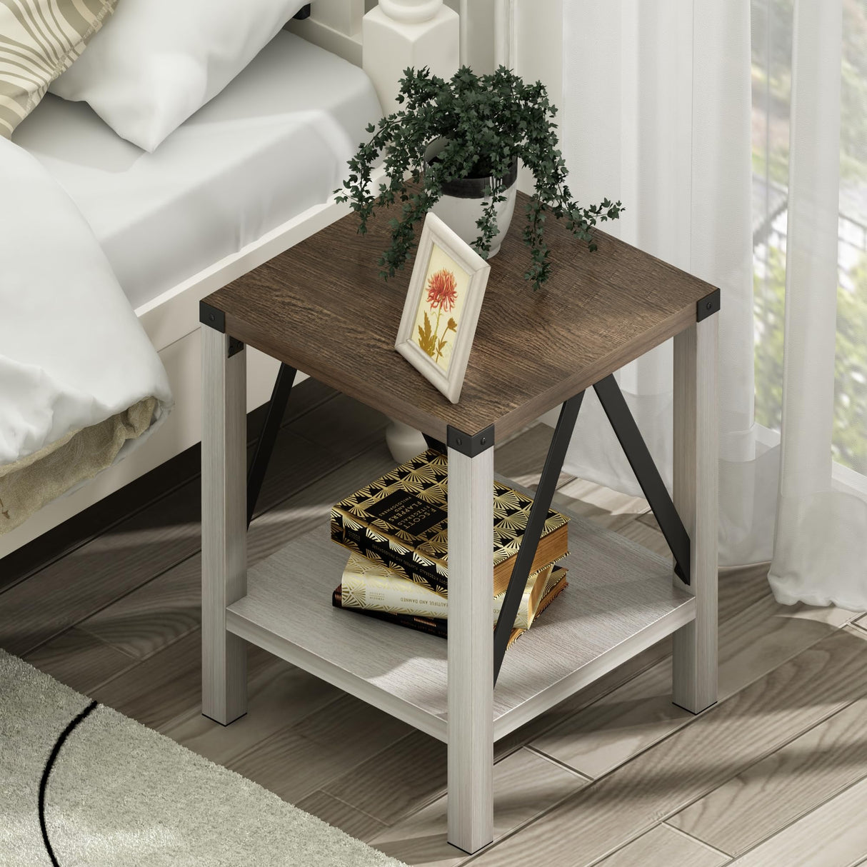 Treocho Farmhouse End Table Set of 2, Rustic Vintage Nightstand Side Table with Shelf for Living Room, Antique White & Brown Treocho