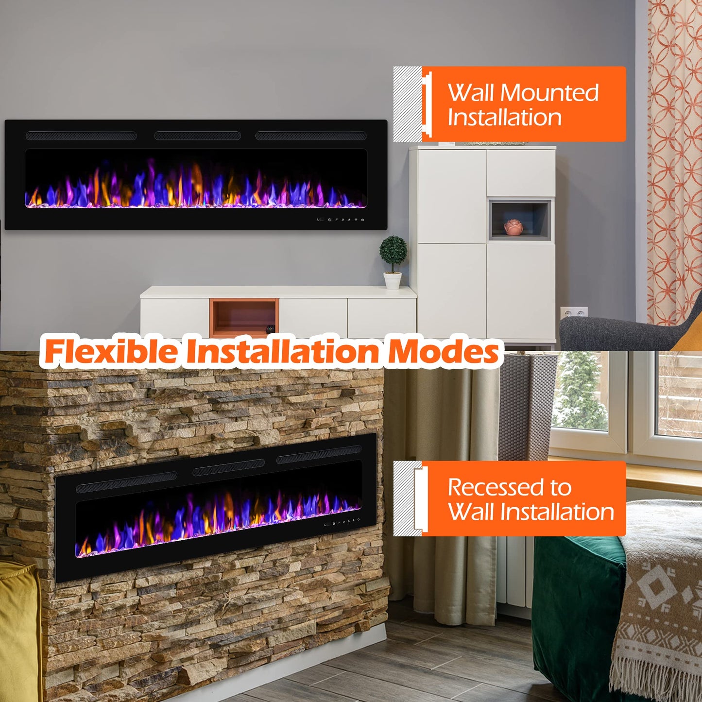 BETELNUT 60" Electric Fireplace Wall Mounted and Recessed with Remote Control, 750/1500W Ultra-Thin Wall Fireplace Heater W/Timer Adjustable Flame Color and Brightness, Log Set & Crystal Options