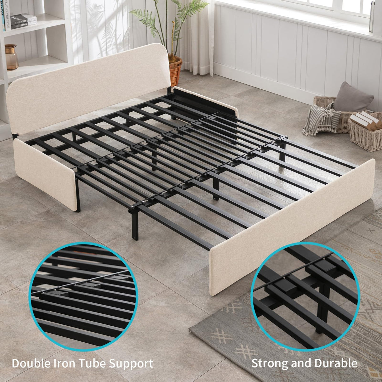 CECER Queen Size Pull Out Sofa Bed With 2 Pillows, Linen Convertible Sleeper With Comfy Mattress, 2 in 1 Armless Loveseat for Small Space-Beige CECER