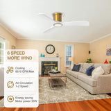 OFANTOP 52 Inch Smart Ceiling Fan with Light and Remote, Indoor 3 Blade White Gold Low Profile Flush Mount Modern Ceiling Fan for Bedroom Living Room OFANTOP