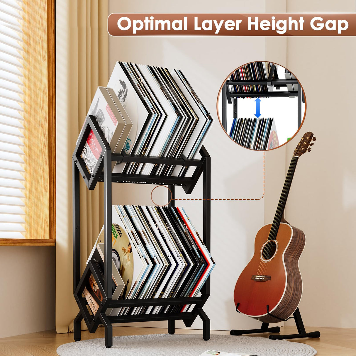 BOEASTER Vinyl Record Storage Rack, Record Holder 160-200 LP Storage Shelf Display Stand for Albums Books Magazines Files, Matte Black BOEASTER