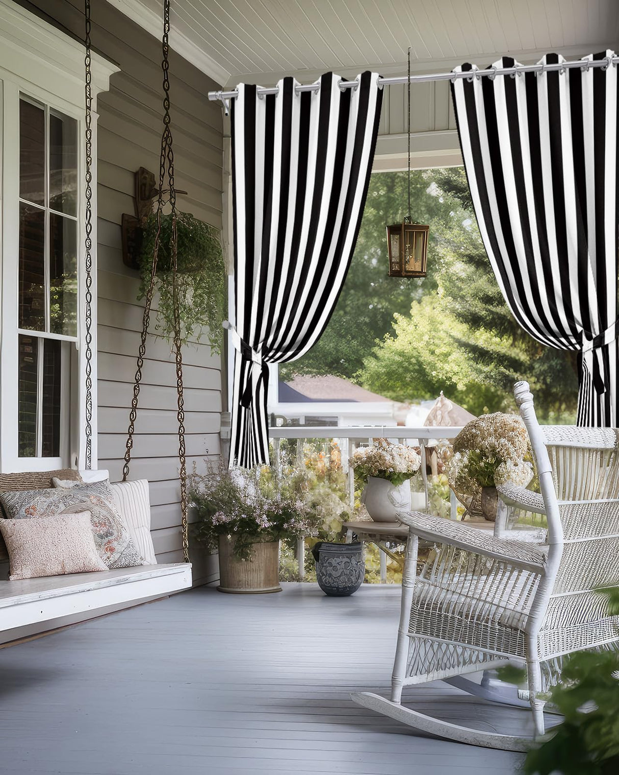 Outdoor Curtains for Patio Waterproof Black and White Stripe Indoor/Outdoor Curtain Tiebacks Simple Style Privacy Curtain Sun Blocking Grommet Drapes for Pergolas Gazebo Porch Balcony 2 Panel 54x108 Home L6