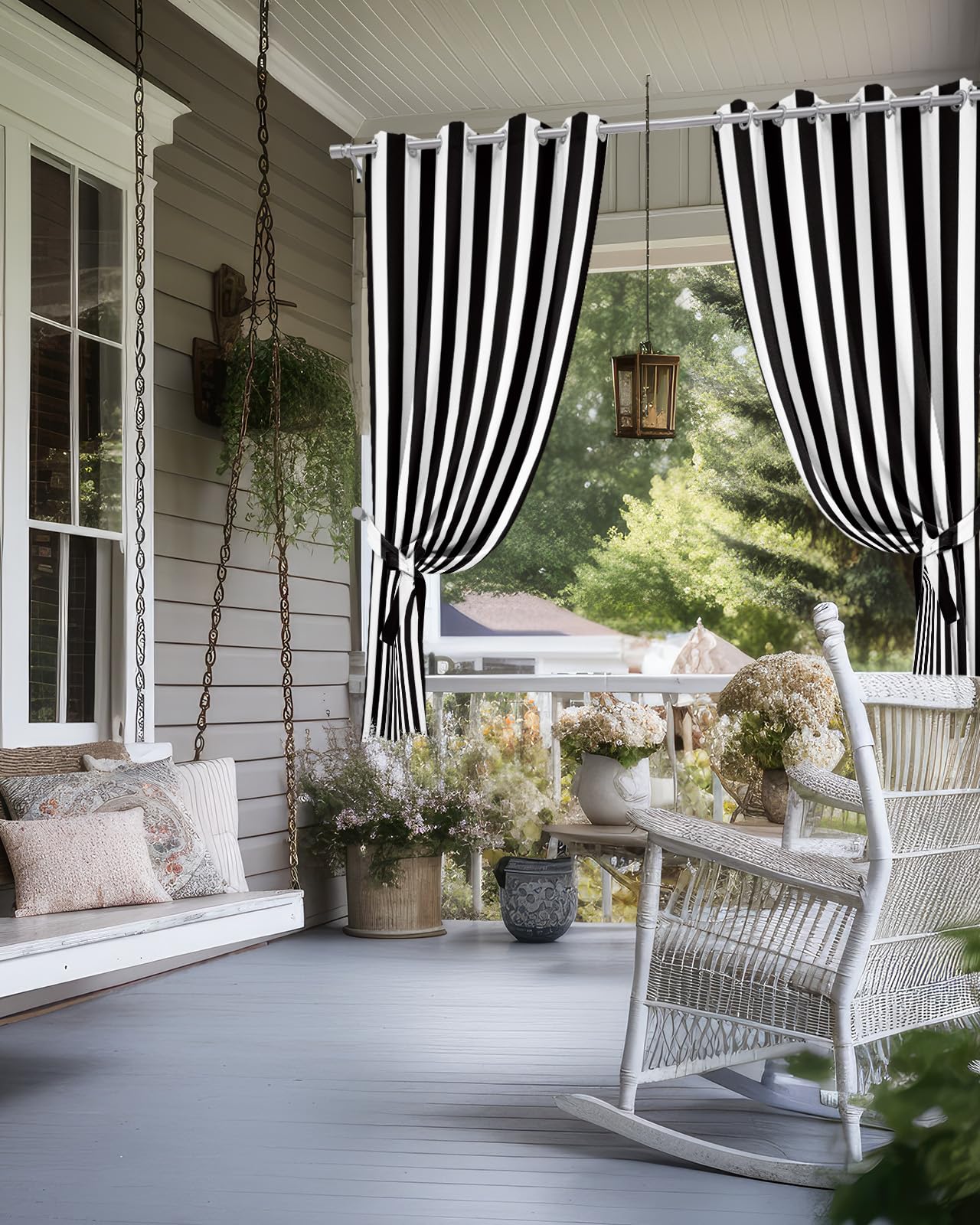 Outdoor Curtains for Patio Waterproof Black and White Stripe Indoor/Outdoor Curtain Tiebacks Simple Style Privacy Curtain Sun Blocking Grommet Drapes for Pergolas Gazebo Porch Balcony 2 Panel 54x108