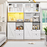 Frmobepts 71‘’Kitchen Pantry Storage Cabinet with LED Lights and Power Outlet, Tall Farmhouse Kitchen Hutch with Microwave Stand,Globet Hooks and Adjustable Shelf for Dining Living Room,White Frmobepts