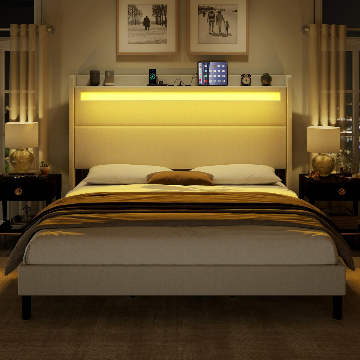 AMERLIFE King Bed Frame with LED Lights & Wingback Headboard, Upholstered Platform Bed with USB & USB-C Ports, No Box Spring Needed/Noise Free/White AMERLIFE