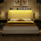 AMERLIFE King Bed Frame with LED Lights & Wingback Headboard, Upholstered Platform Bed with USB & USB-C Ports, No Box Spring Needed/Noise Free/White AMERLIFE