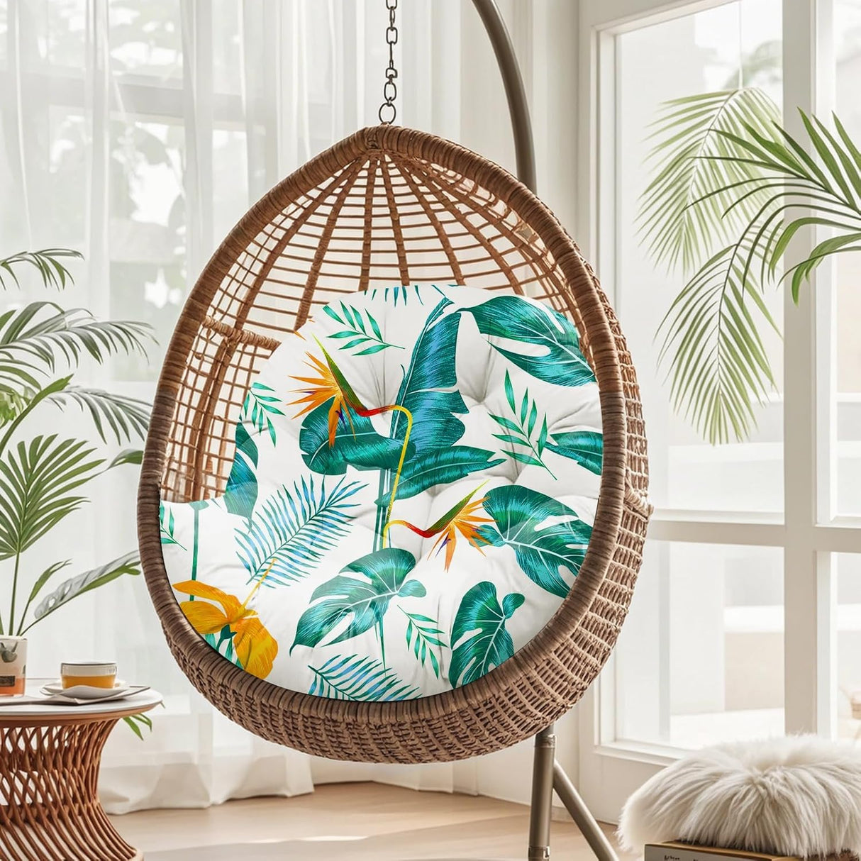 Uthem Waterproof Egg Chair Cushion Replacement Outdoor Hanging Egg Chair Cushion 47x35x7 Inches Thicken Chair Cushions with Ties, Yellow-Green Leaf Uthem