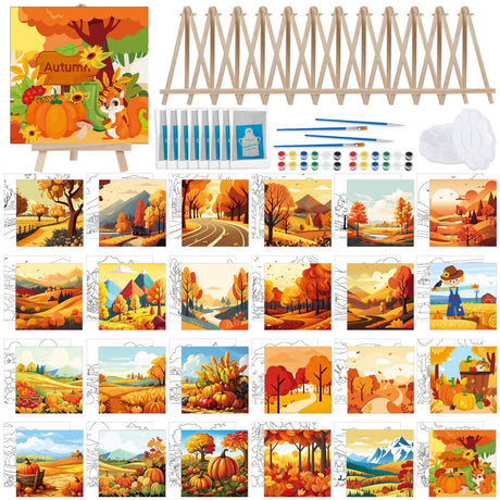 Tenceur 24 Pack Fall Pre Drawn Canvas for Painting Autumn Painting Canvas 6" x 6" Thanksgiving Predrawn Coloring Canvas Set for Adult Kid Maple Pumpkin Scarecrow Pre Stretched Canvas Board for Party Tenceur