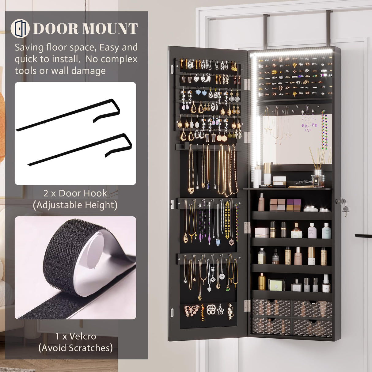 Vlsrka 47.2" LED Jewelry Mirror Cabinet, Wall/Door Mounted Hanging Jewelry Armoire Organizer with Full-Length Mirror, Large Storage Cabinet, 4 Drawers, 5 Shelves, Built-in Lighted Mirror (Black) Vlsrka