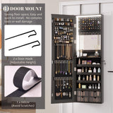 Vlsrka 47.2" LED Jewelry Mirror Cabinet, Wall/Door Mounted Hanging Jewelry Armoire Organizer with Full-Length Mirror, Large Storage Cabinet, 4 Drawers, 5 Shelves, Built-in Lighted Mirror (Black) Vlsrka