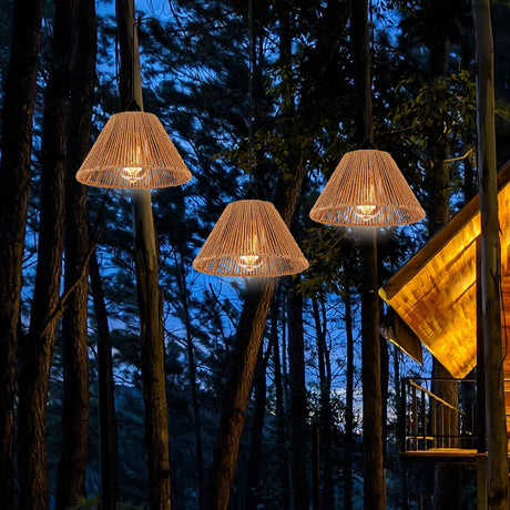 Battery Operated Pendant Light Outdoor Chandelier for Gazebo Hanging Lamp with LED Bulbs Rattan Shade Lantern for Porch Patio Backyard Bedroom Kitchen Decor Powered by 4*AA Batteries EcoGehen