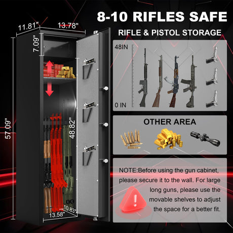 8-10 Fingerprint Gun Safe for Rifles and Pistols, No Assembly Required Quick Access Biometric Gun Cabinet, Large Gun Locker for Pistols and Shotguns, Dual Alarm & Mute Mode Switching SHICHI