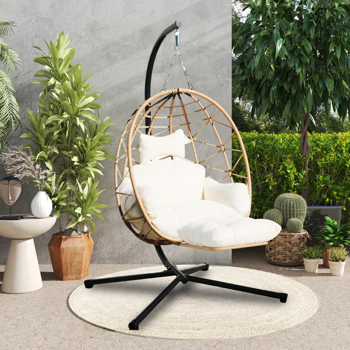 Jadoxy Hanging Egg Chair with Leg Stand, Indoor/Outdoor Swing Egg Chair Hammock Basket Seat Chair with Cushion for Porch Balcony Garden Patio (Ribbon+Rattan, Yellow+White) Jadoxy