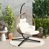Jadoxy Hanging Egg Chair with Leg Stand, Indoor/Outdoor Swing Egg Chair Hammock Basket Seat Chair with Cushion for Porch Balcony Garden Patio (Ribbon+Rattan, Yellow+White) Jadoxy