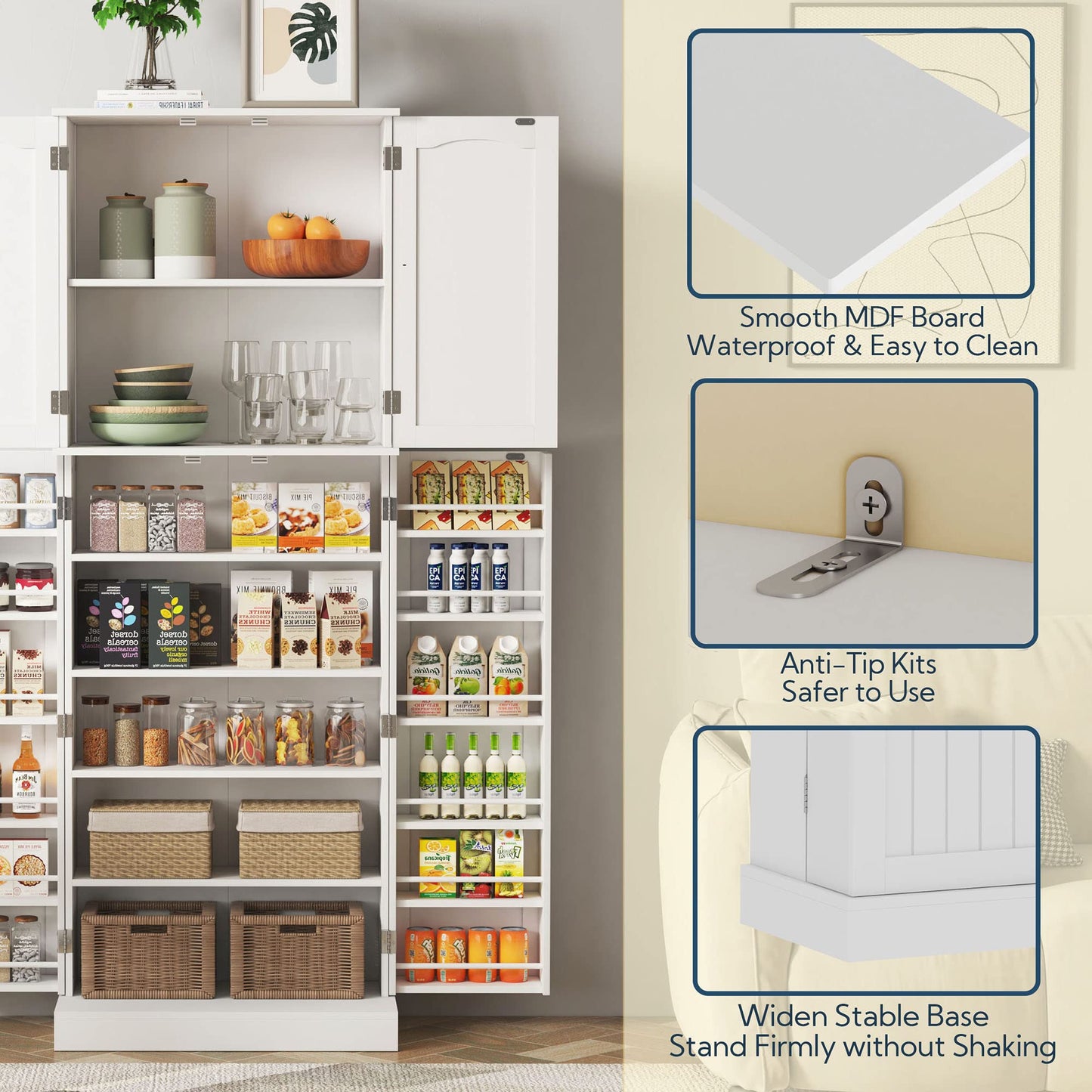 Yusong Tall Kitchen Pantry Storage Cabinet with Doors and Shelves, Wooden Food Pantry Farmhouse Cupboard Freestanding Buffet Kitchen Dining Living Room White