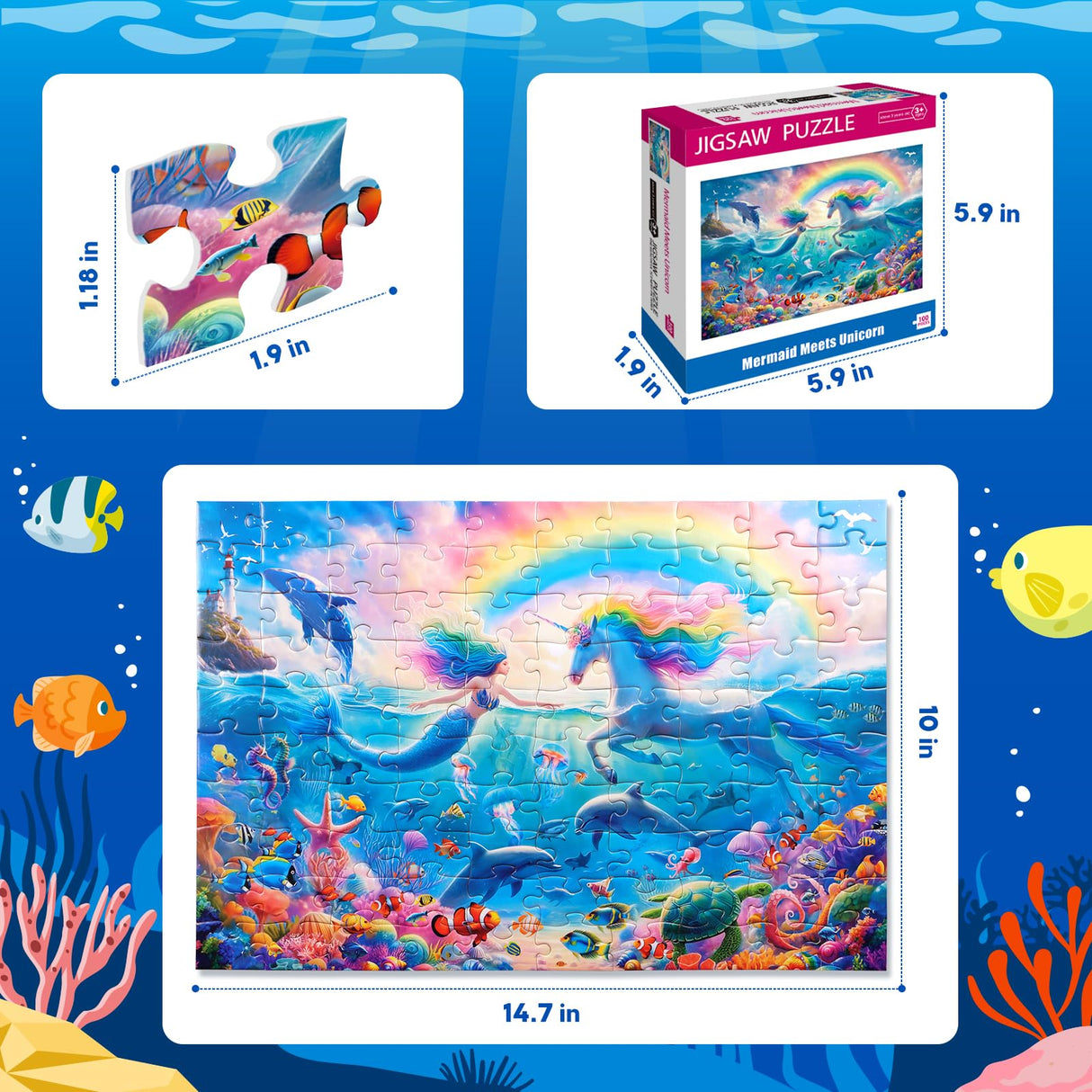 100 Piece Puzzles for Kids Ages 6-8 8-10 Mermaid Unicorn Puzzle for Girls 4-6 Years Old 100 Piece Jigsaw Puzzle for Adults Toddler Children Learning Educational Puzzles Toys Gifts for Girls Boys Yokachi