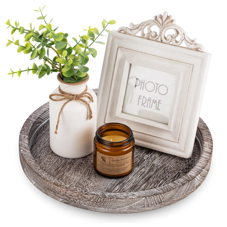 Hanobe Round Wood Candle Tray: Rustic Wooden Candle Holder Whitewash Pillar Stand Farmhouse Tea Light Plate Base for Living Room Coffee Table Centerpiece for Kitchen Counter Bathroom Home Decor,11.8" Hanobe