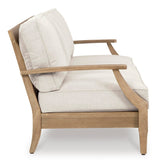 Signature Design by Ashley Carter Hall Outdoor Eucalyptus Wood Patio Sofa – Cushioned with UV-Resistant Nuvella Fabric, 5-Step Protective Finish, Beige Signature Design by Ashley