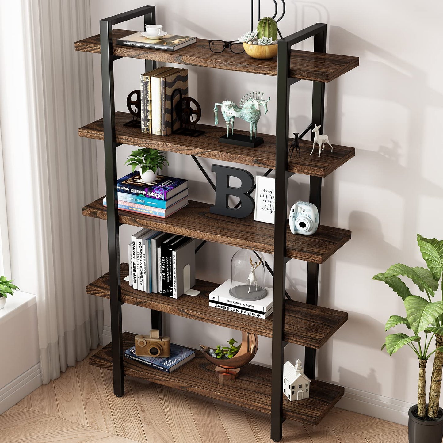 5-Tier Rustic Industrial Solid Wood Bookcase with Metal Frame - WoodArtSupply