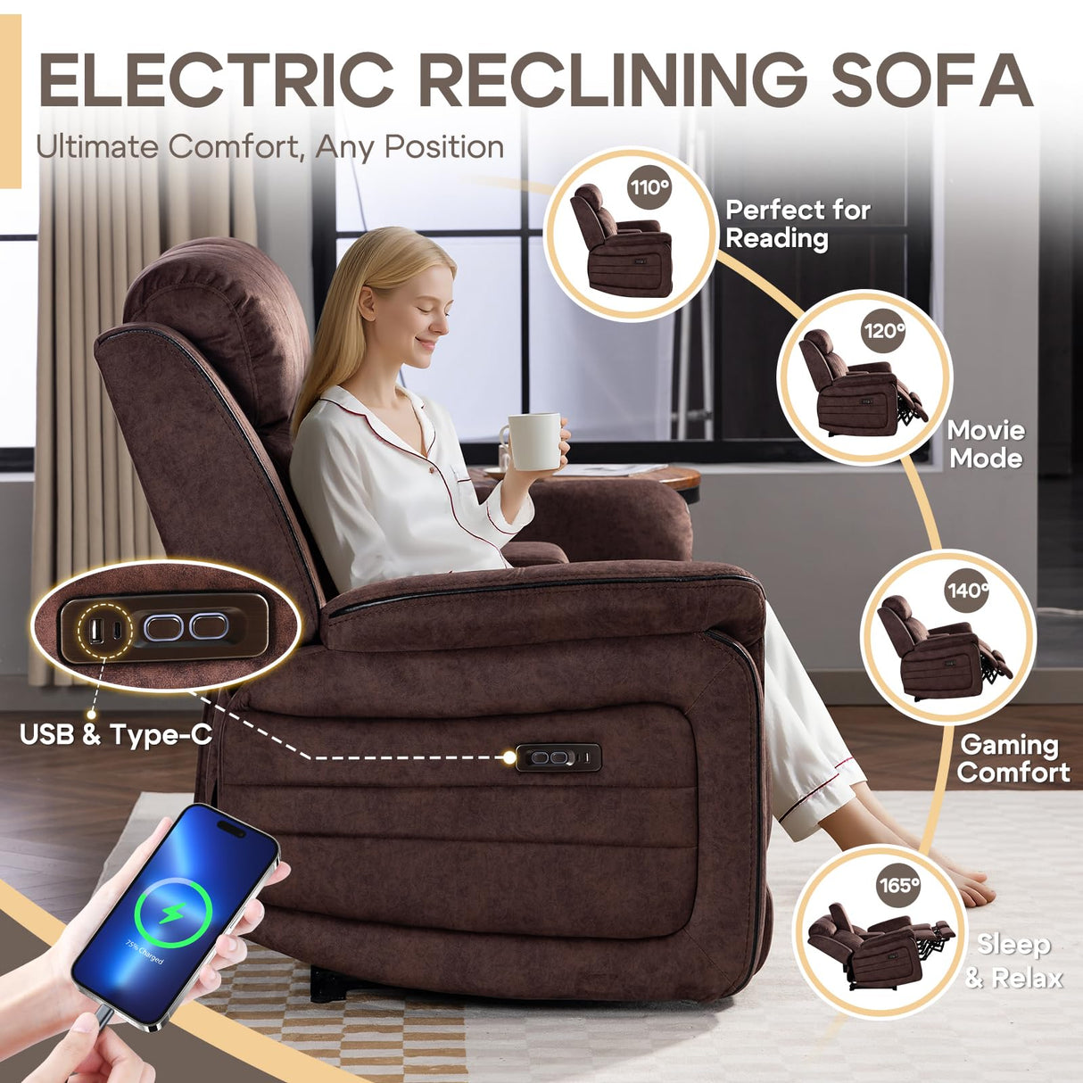 Zero Gravity Power Reclining Loveseat Sofa with Adjustable Headrests, Power Loveseat Recliner with Console, Electric 2-Seater Recliner Couch with Charging Port for Living Room (Velvet, Brown) CALIVIA