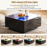 LUMISOL Square High Gloss Coffee Table with 5mm Frosted Tempered Glass Top, 27.5'' Cocktail Tea Table with 16-Color LED Strip Lights, Modern Center Table for Living Room, Black LUMISOL