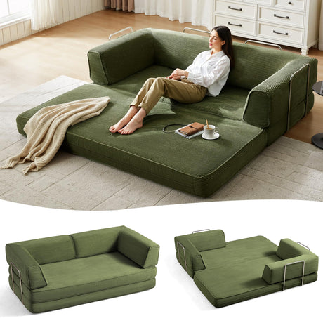 LINSY HOME 79'' Convertible Sofa Bed - Boneless Compression Sofa Folding Loveseat Sleeper - Foldable Corduroy Couch Bed for Living Room Bedroom - Modular Sectional Compressed Sofa in Box, Green LINSY HOME