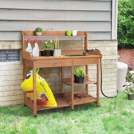 Yaheetech Potting Bench Outdoor Garden Work Bench Station Planting Solid Wood Construction for Horticulture w/Sink Drawer Rack Shelves Brown Yaheetech