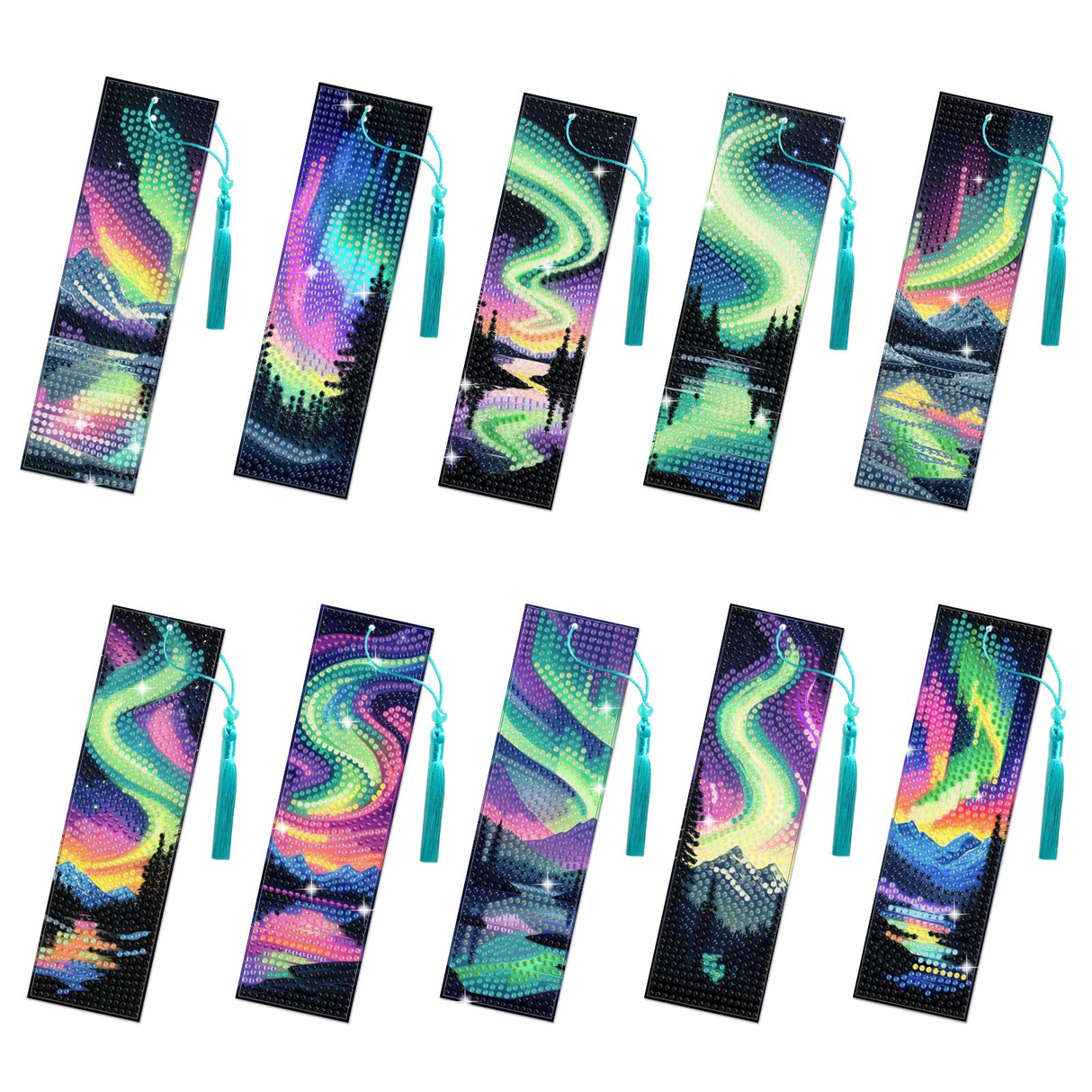beinkmake 10Pcs Aurora Starry Sky 5D Diamond Art Bookmarks Forest Lake Diamond DIY Painting Bookmarks Rhinestones Beaded Acrylic Tassel Bookmark for Adult Beginner Crafts beinkmake