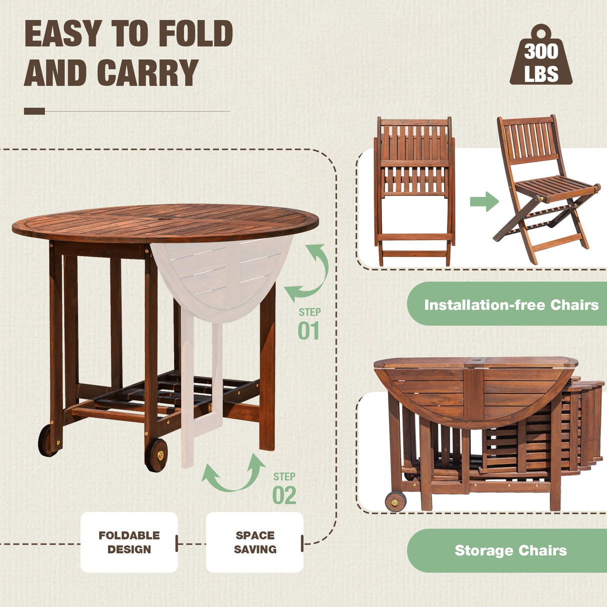 Devoko 5 PCS Patio Furniture, Patio Dining Set Acacia Wood Outdoor Table and Chairs, with 4 Folding Chairs and 37" Round Movable Table, Outdoor Dining Set for Lawn, Balcony, Garden Devoko