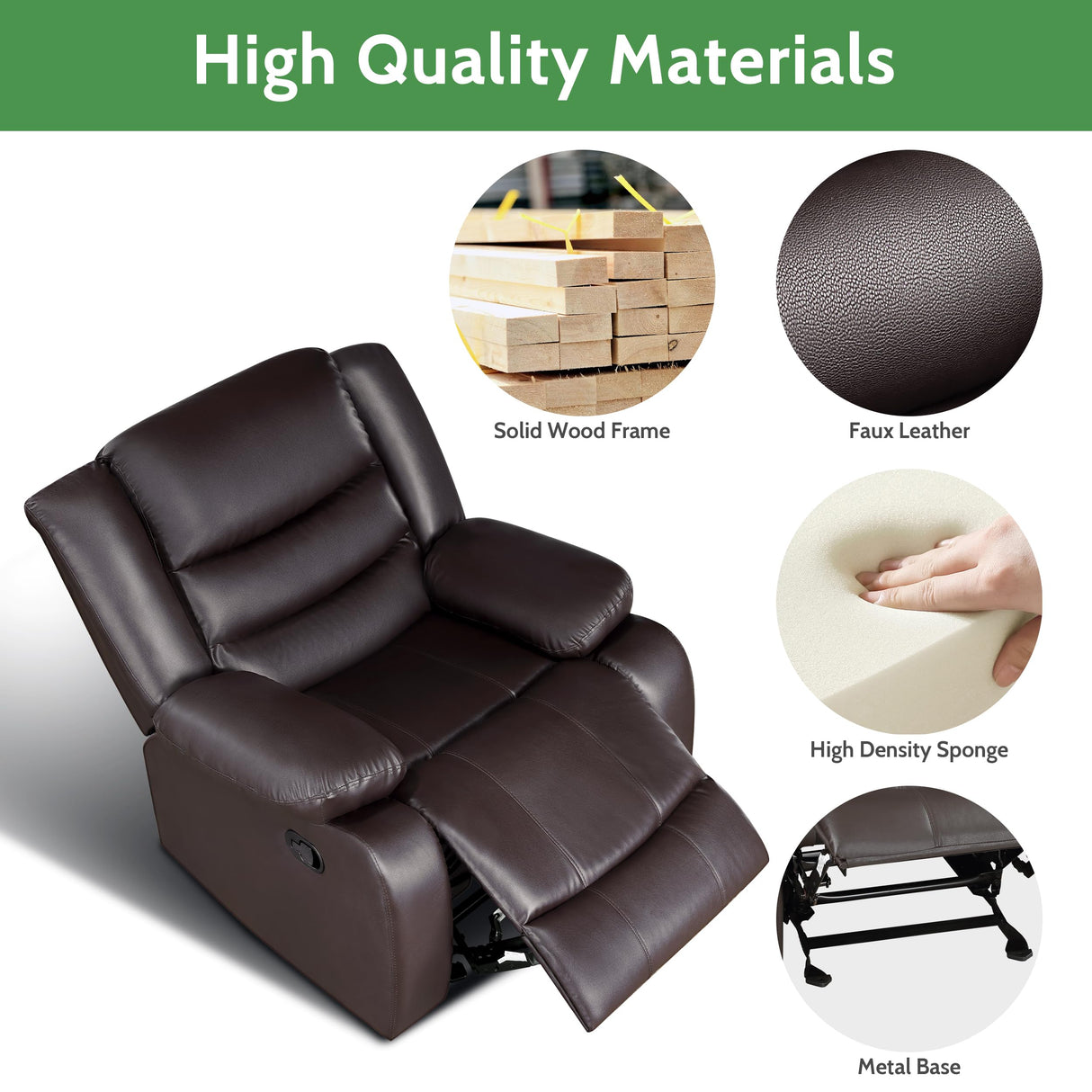 Prilinex Brown Rocker Recliner Chair - Oversized Leather Lazy Boy Recliner Chair with Overstuffed Armrest, Faux Leather Manual Reclining Chair for Living Room, Bedroom, Home Theater Prilinex